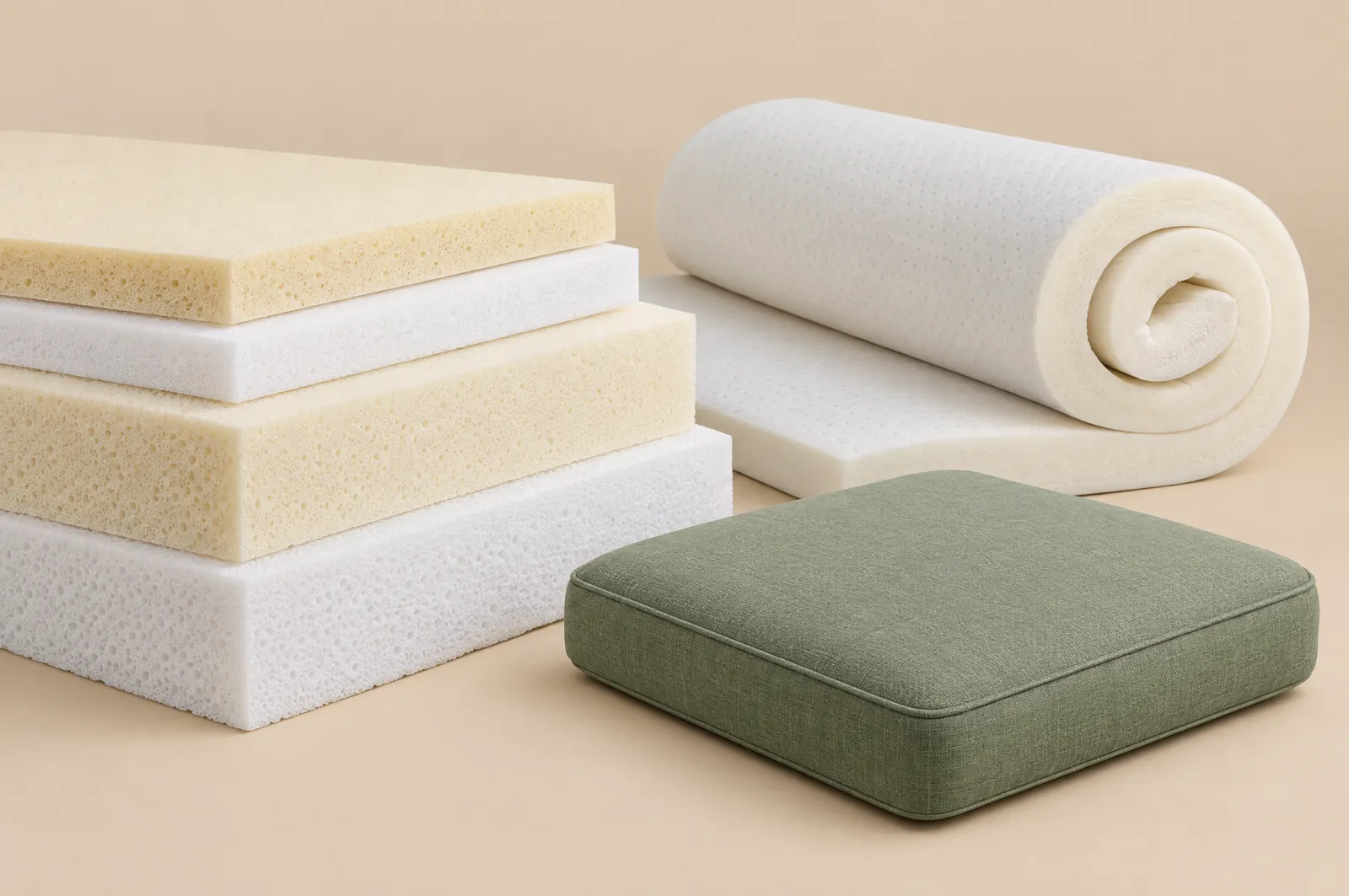 Schaumstoffplatten, gerollter Topper und Sitzkissen