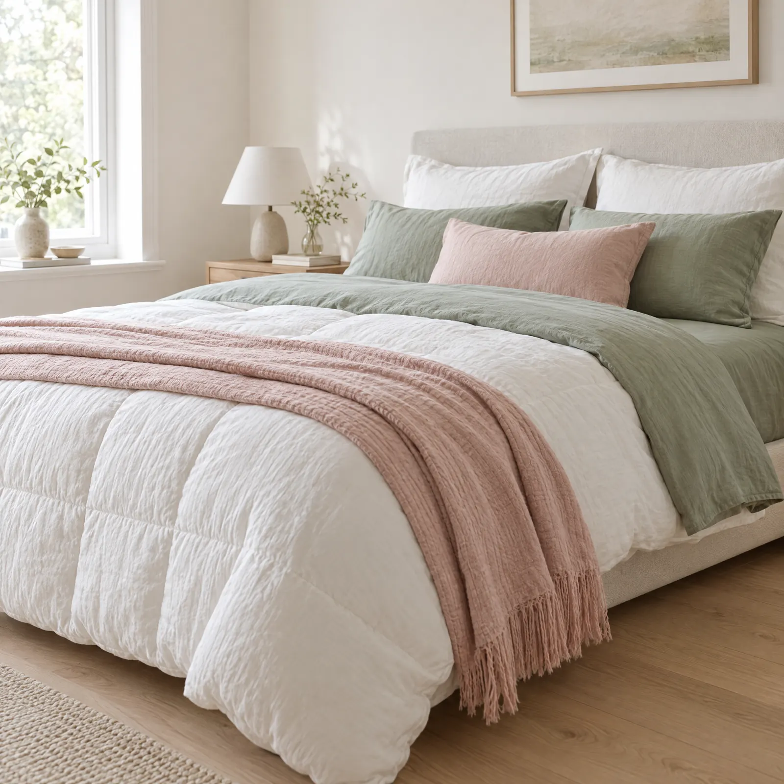 Gemachtes Bett mit weißen Kissen, weißer Bettdecke und Bettwäsche in Salbeigrün und Rosé