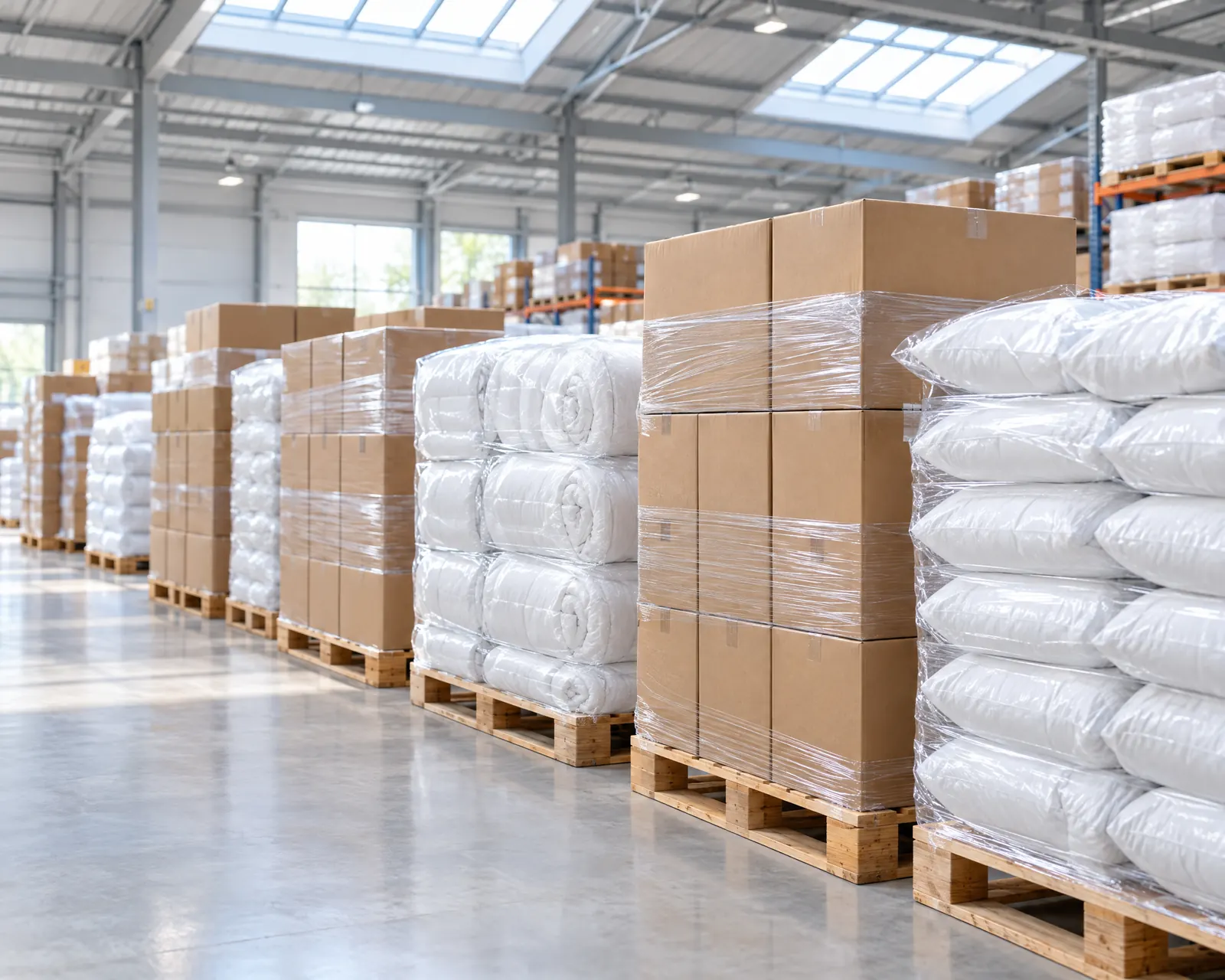 Paletten mit verpackten Kissen und Bettdecken im Lager