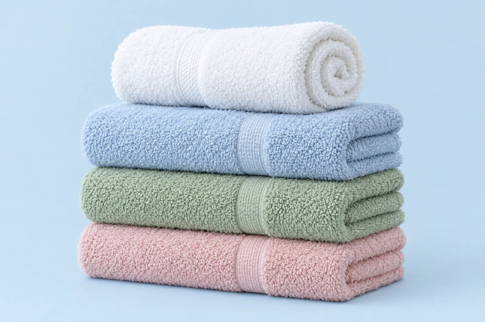 Frottierhandtücher in Weiß, Blau, Salbeigrün und Rosa